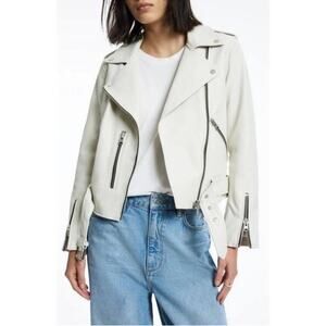 All Saints Leather Biker Balfern Belted Hem Zip Up Long Sleeve Jacket Ivory 10